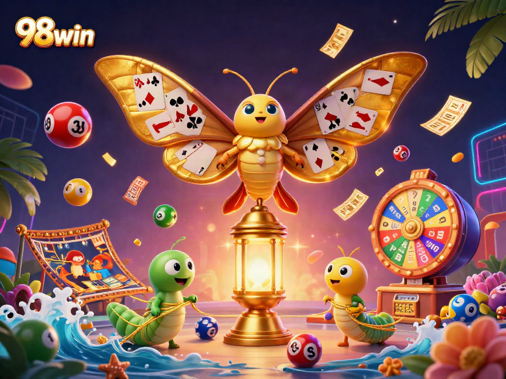 Win big with 98win in this vibrant 3D casino illustration showcasing dynamic lottery elements.