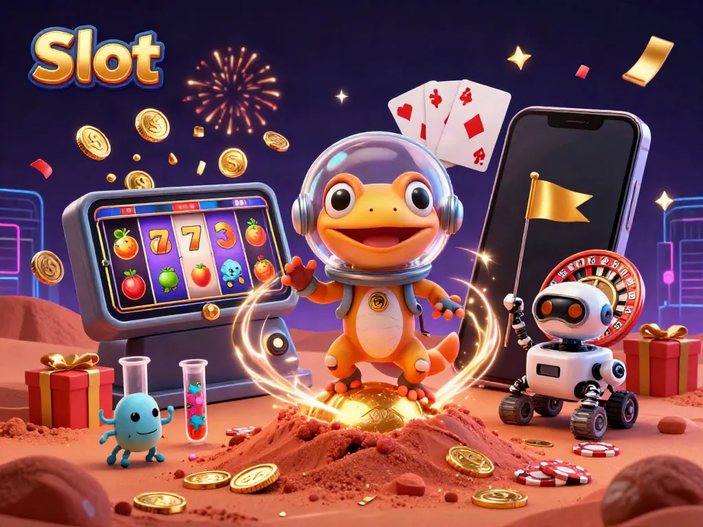 Slot permainan dengan gecko Mars dan rover robot merayakan di kasino emas terpendam.