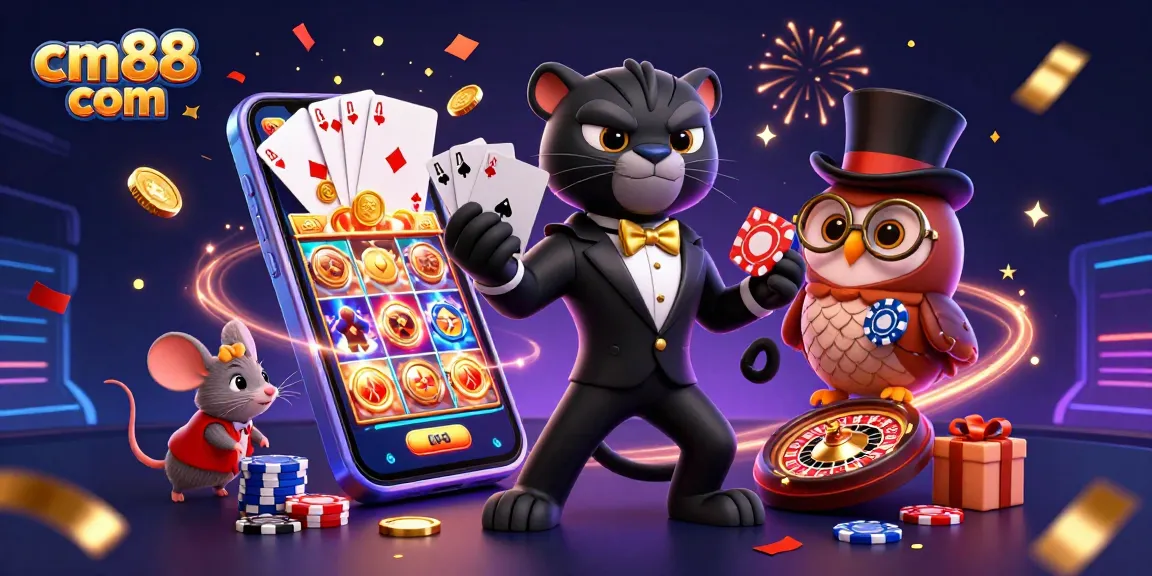 Join the fun at cm88 com with stylish characters enjoying casino games, enhancing your gaming experience.
