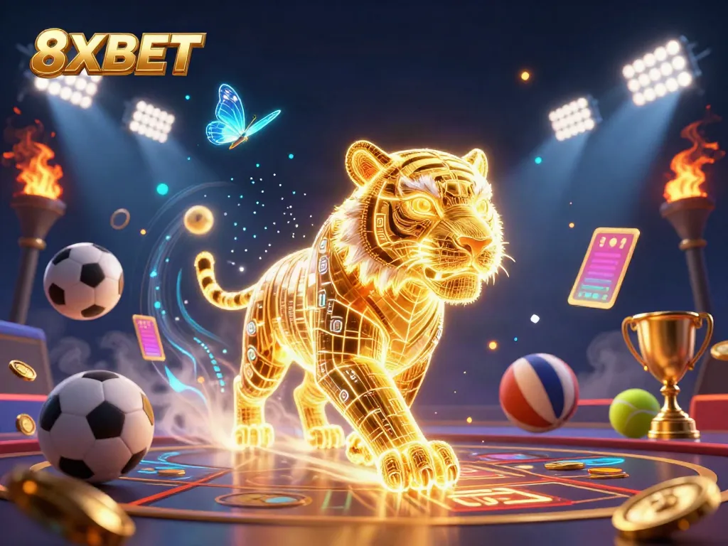 Experience the thrill of betting at 8XBET, with vibrant visuals of a neon tiger and dynamic sports elements.