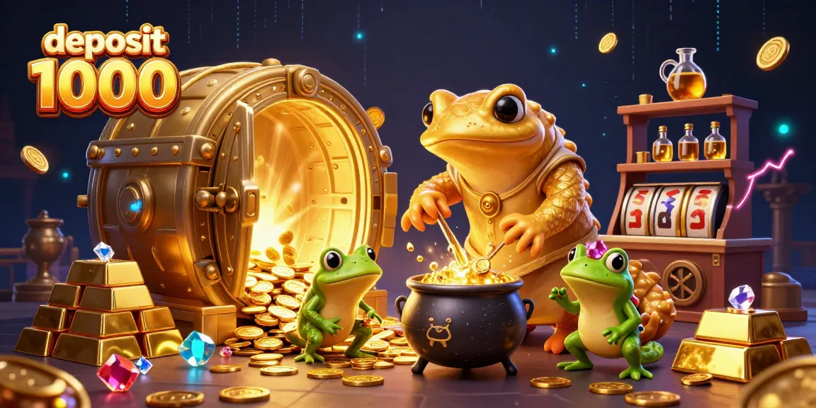 Engage with deposit 1000 slots surrounded by gold coins and magical elements in this vibrant casino scene.