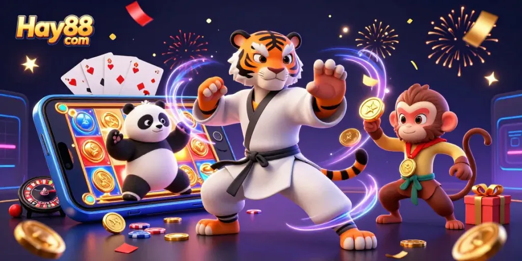 Experience premium gaming at Hay88 com with an engaging scene featuring casino games, animated characters, and a vibrant atmosphere.