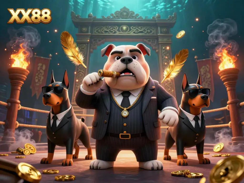 Engage in thrilling moments with XX88 at an exciting casino scene featuring a mafia bulldog and bodyguard Dobermans.