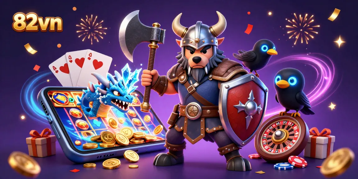 Experience 82vn casino action with a Viking warrior, dragon, and glowing raven amidst gaming excitement.