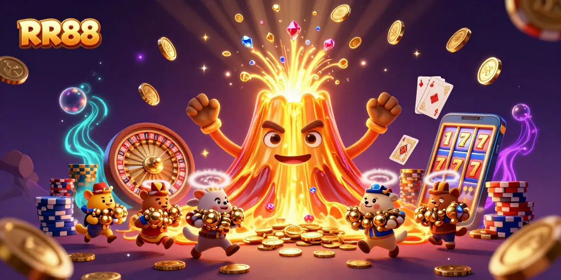Win big at RR88 with a vibrant casino scene featuring a gold volcano erupting coins and treasures.