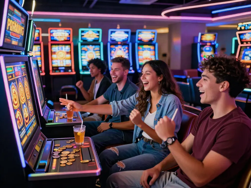 Friends enjoying a lively slot online gaming experience in a colorful casino.