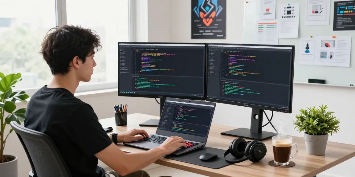 NAGA2000 software engineer coding in a modern workspace with multiple screens.