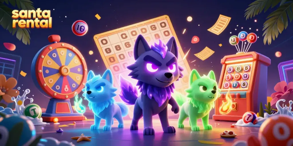 Experience the thrill of santa rental with dynamic 3D wolves and vibrant lottery elements.