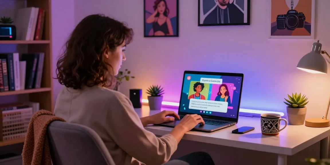 Interactive NSFW AI chat in a cozy home office with vibrant avatars and playful dialogue.