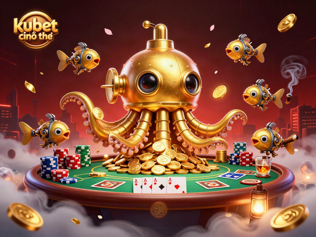 Experience the thrill of kubet chính thức with this dynamic 3D scene featuring a kraken submarine and poker elements.