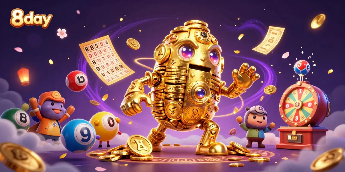 Engage with 8day's exhilarating gaming atmosphere featuring dynamic golden golem amidst vivid lottery elements.