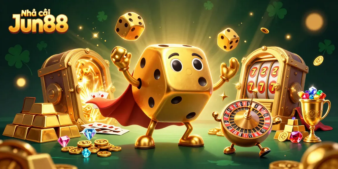 Experience exciting gameplay with Nhà cái Jun88's golden dice golem in a vibrant casino scene.