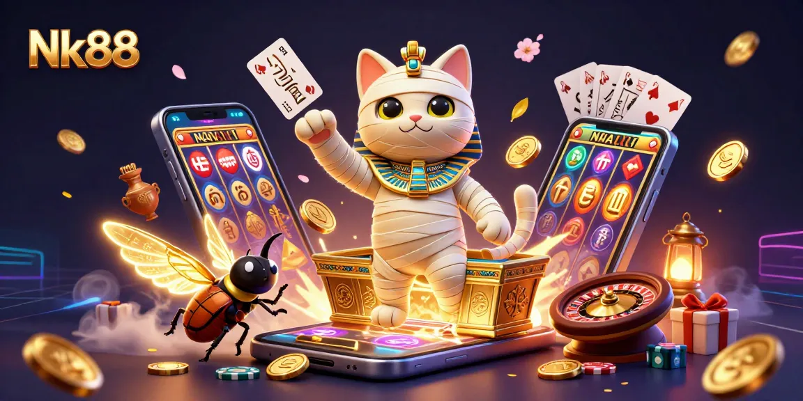 Experience the thrill of playing Nk88 with a vibrant casino scene featuring a mummy cat and golden coins.