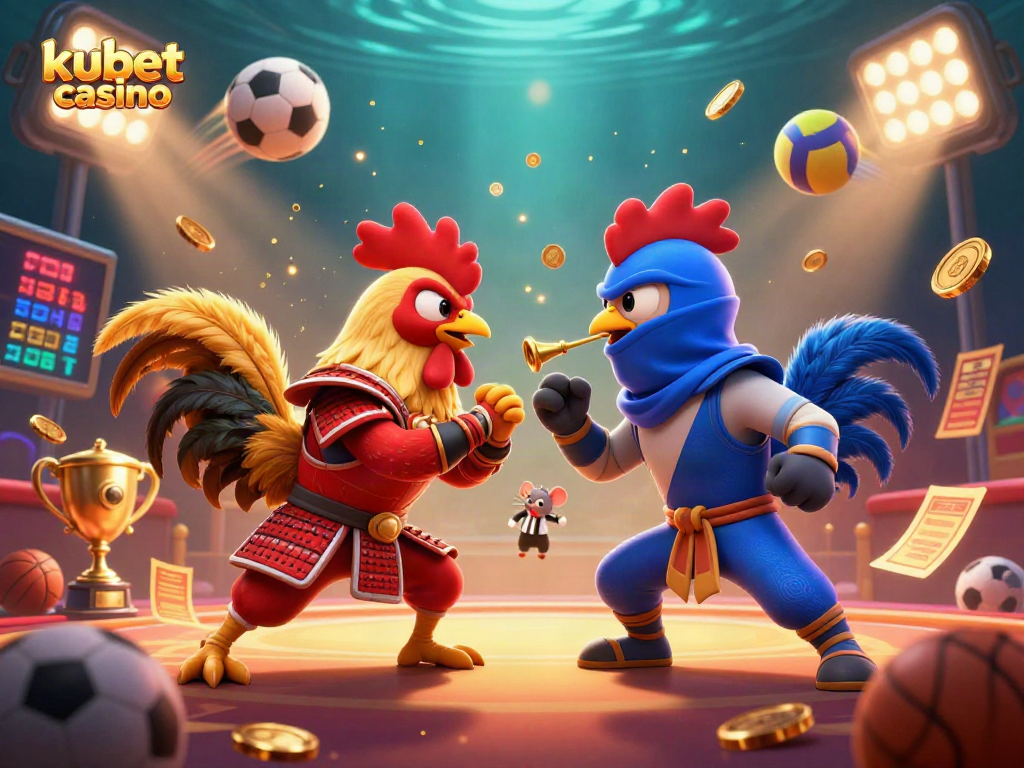 Engage in thrilling matches at kubet casino with colorful cartoon roosters battling amidst dynamic sports elements.