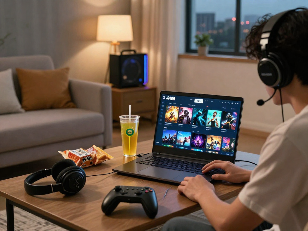 Người chơi đang tận hưởng trải nghiệm game trên nền tảng Jin88 với không gian ấm cúng và nhiều phụ kiện game.