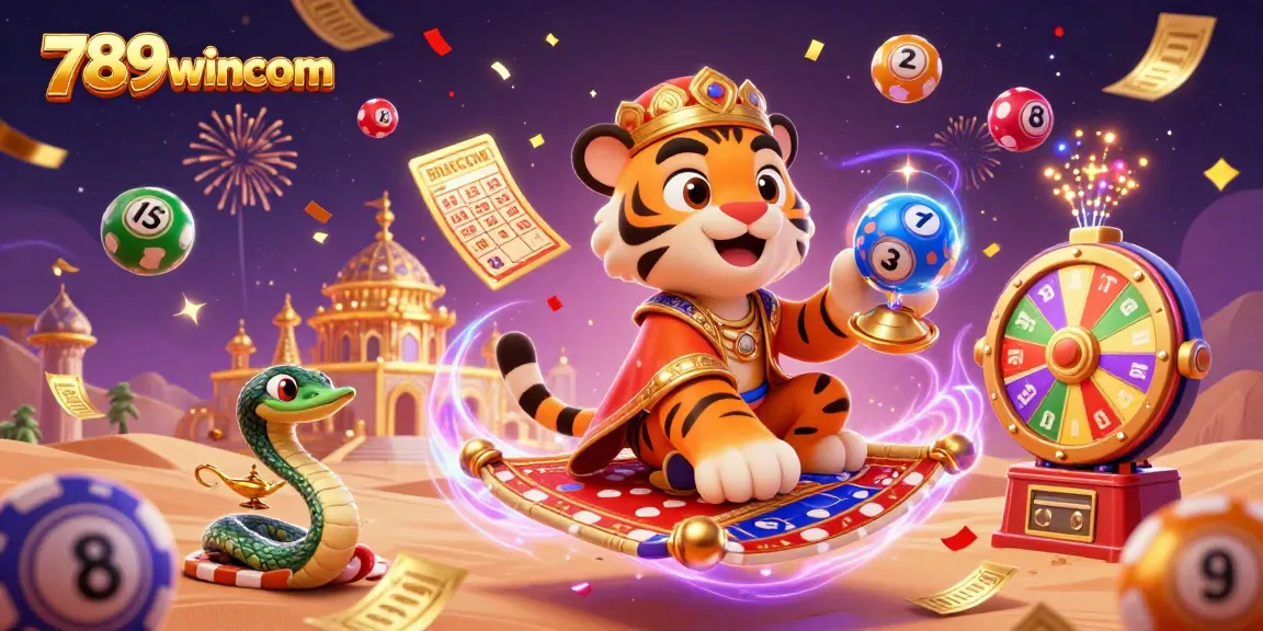 Join the excitement at 789wincom as colorful lottery balls bounce around a festive casino scene!