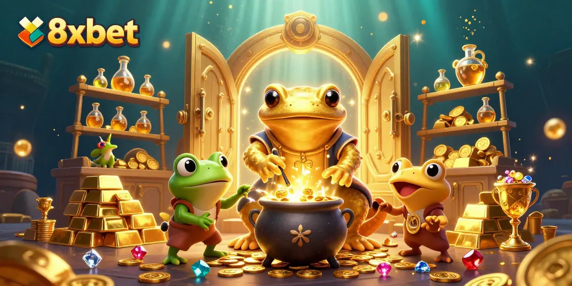 Experience 8xbet in a vibrant 3D casino scene with gold coins and bubbling cauldrons.
