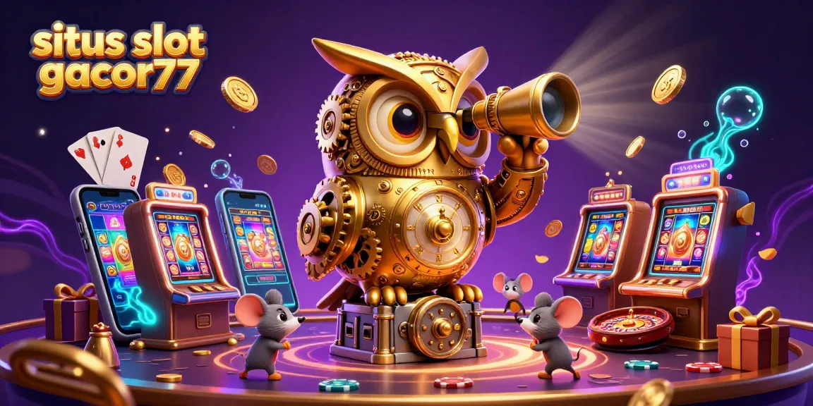 situs slot gacor77 features an engaging casino scene with a golden owl and action-packed slot games.