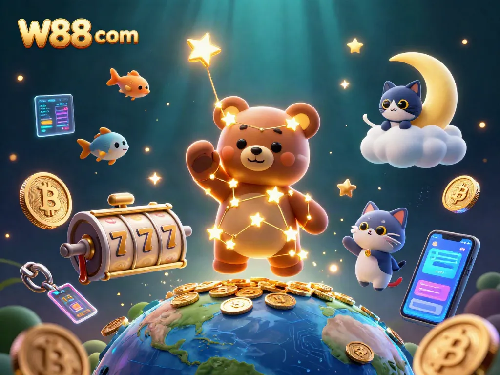 Engage in thrilling gameplay on W88 com with our vibrant casino scene featuring slots and crypto elements.