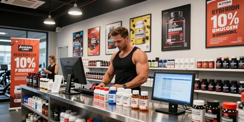 Shopper exploring Astera Shop's quality steroid products, showcasing vibrant displays and discounts.