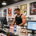 Shopper exploring Astera Shop's quality steroid products, showcasing vibrant displays and discounts.