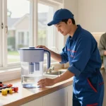 "Trusted provider reviewing Waterdrop ED01B Electric Water Filter Pitcher installation in a local home, community service ambiance."