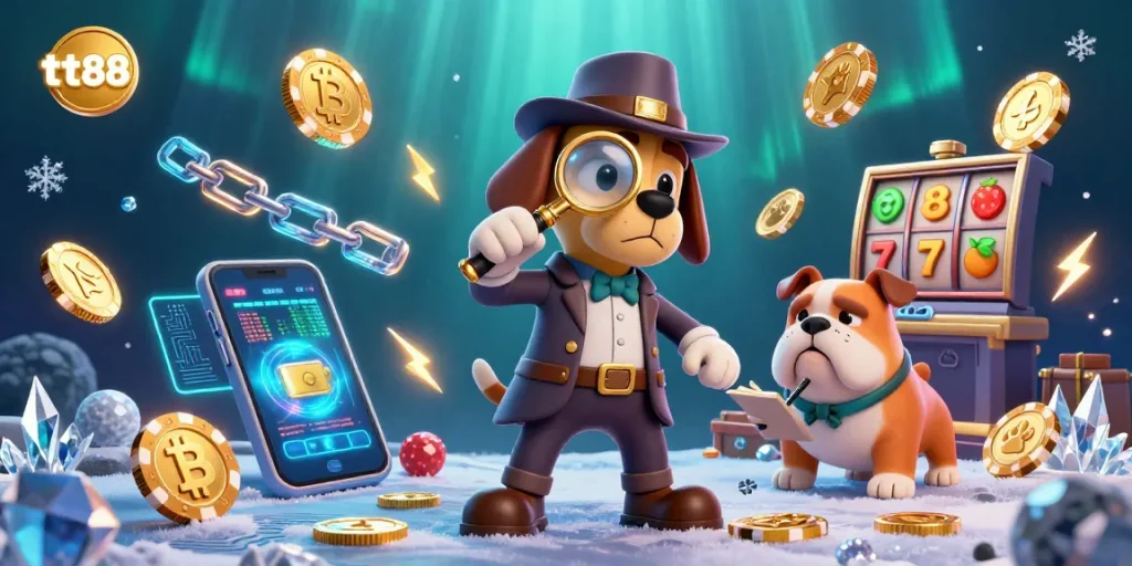 tt88 engages players in a vibrant casino scene with detective characters uncovering poker chip clues amidst colorful slot game elements.