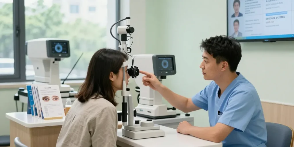 Patient consultation at SNU Eye Clinic with advanced eye care equipment, promoting snuseoul services.