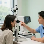 Patient consultation at SNU Eye Clinic with advanced eye care equipment, promoting snuseoul services.