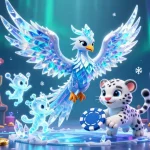 Engage in situs judi bola with a captivating scene featuring a dazzling ice phoenix and playful snow leopard.