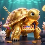 Xem thêm in a dynamic gambling scene with a colossal tortoise featuring a pinball machine shell and cryptocurrency elements.