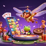 Engage with slot gacor action as a vibrant dragonfly pilot and frog croupier create a lively casino scene.
