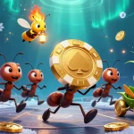 Engage with pgslot16: ants heisting a giant poker chip amidst flashing slot symbols.