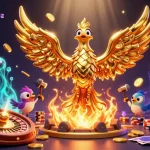 Win big with 17j77 com featuring molten gold phoenix emerging from a vibrant casino scene.