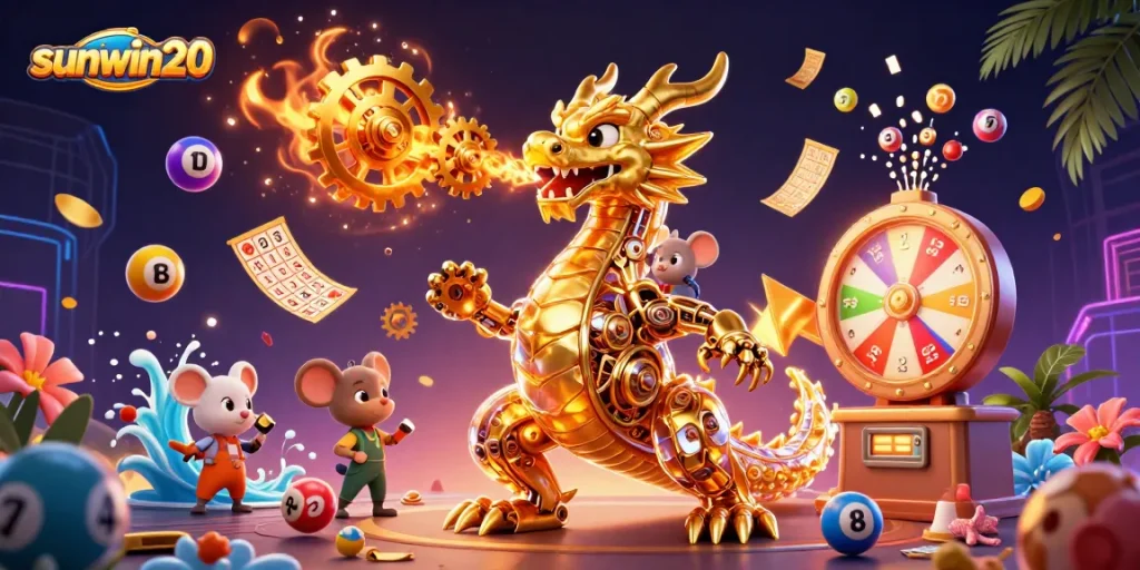 Experience the thrill of sunwin20 gaming with vibrant lottery and bingo elements in a dynamic casino scene.