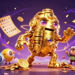 Engage with 8day's exhilarating gaming atmosphere featuring dynamic golden golem amidst vivid lottery elements.