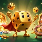 Experience exciting gameplay with Nhà cái Jun88's golden dice golem in a vibrant casino scene.