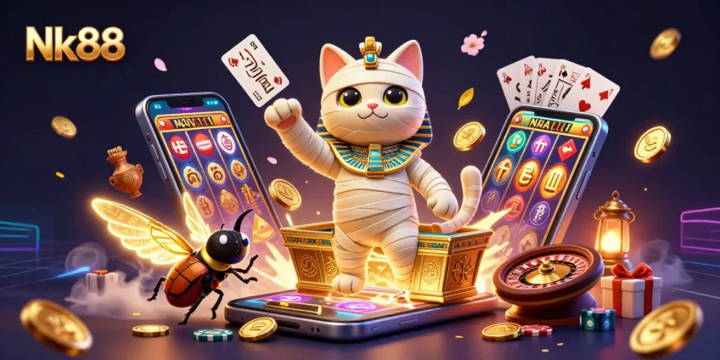 Experience the thrill of playing Nk88 with a vibrant casino scene featuring a mummy cat and golden coins.