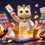 Experience the thrill of playing Nk88 with a vibrant casino scene featuring a mummy cat and golden coins.