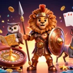 Experience the thrill of shbet2026 as a Spartan lion leads in a vibrant casino atmosphere.