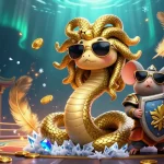 Xoilac 365 showcases a lively sports betting arena, featuring Medusa and a warrior mouse amid gold coins.