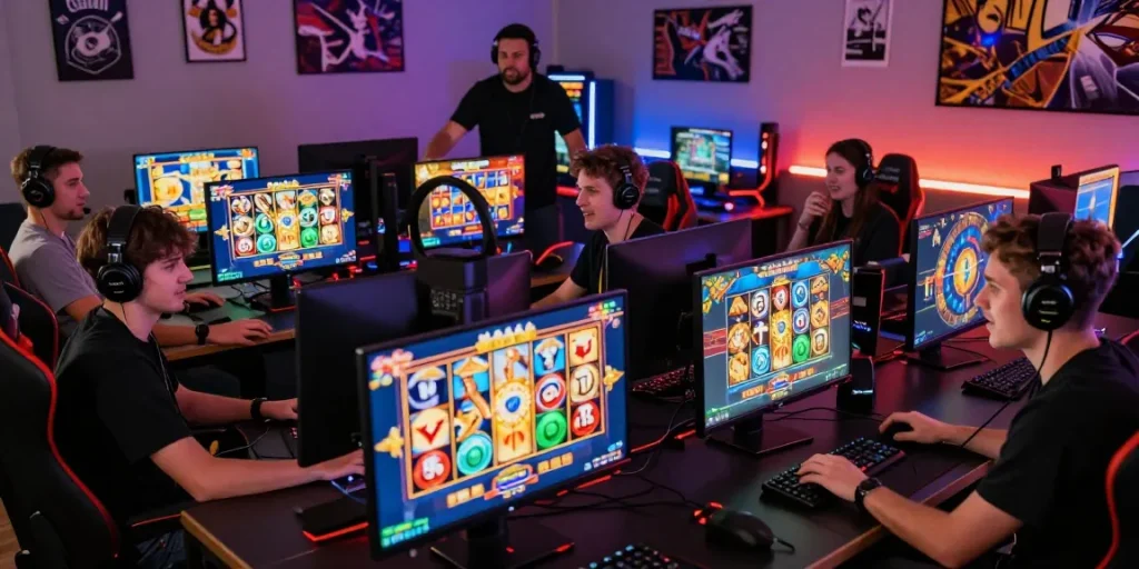 Exciting gaming scene showcasing players enjoying slot online terpercaya experiences with vibrant screens and community atmosphere.