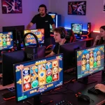 Exciting gaming scene showcasing players enjoying slot online terpercaya experiences with vibrant screens and community atmosphere.
