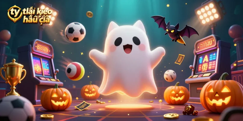 Engage with tỷ lệ kèo nhà cái as the playful ghost cat explores a haunted casino with vibrant sports elements.
